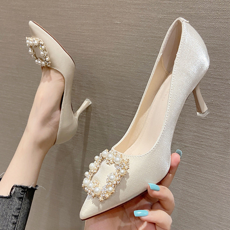 2025 SX775-18 high heels 2025 new pointed thin heels high heels wedding shoes women's rhinestone square buckle Xiuhe shoes