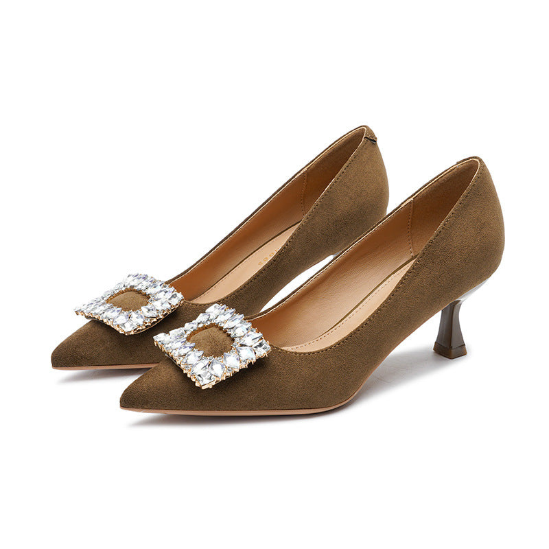 2025 6088-2 Korean version of rhinestone square buckle high-heeled single shoes 2025 women's autumn new pointed stiletto suede high-heeled shoes