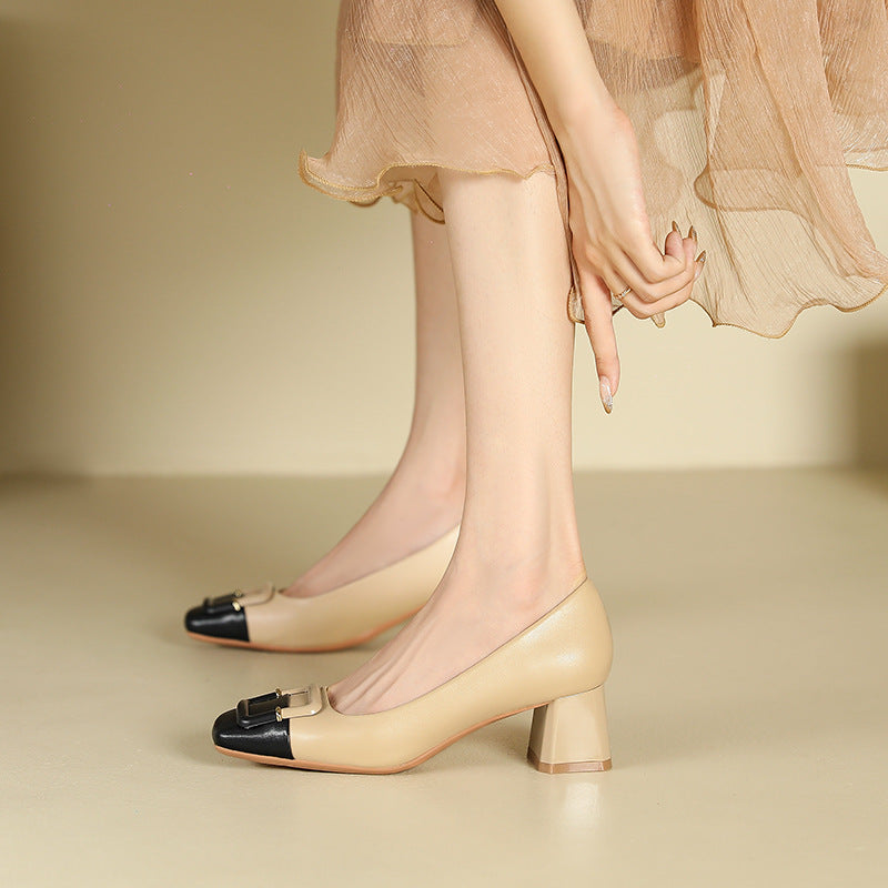 2025 5299-A7 color matching thick heel square buckle shoes women's light mouth middle heel square head single shoes women's wedding shoes dress bridesmaid shoes