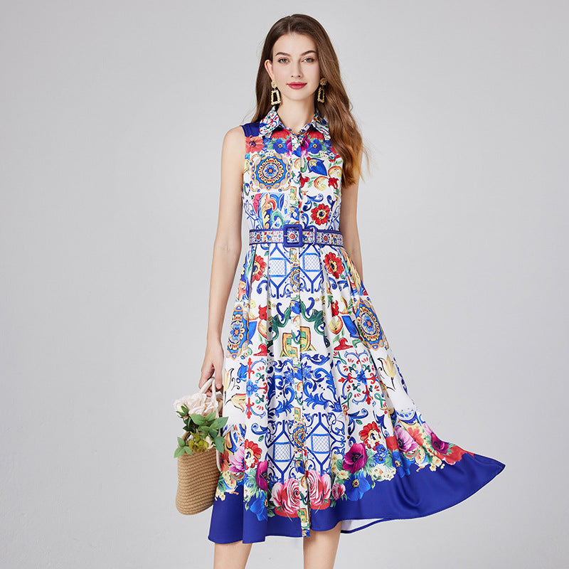 Real shot, summer new blue and white porcelain positioning printed shirt collar single-breasted dress, slim-fitting A-shaped skirt