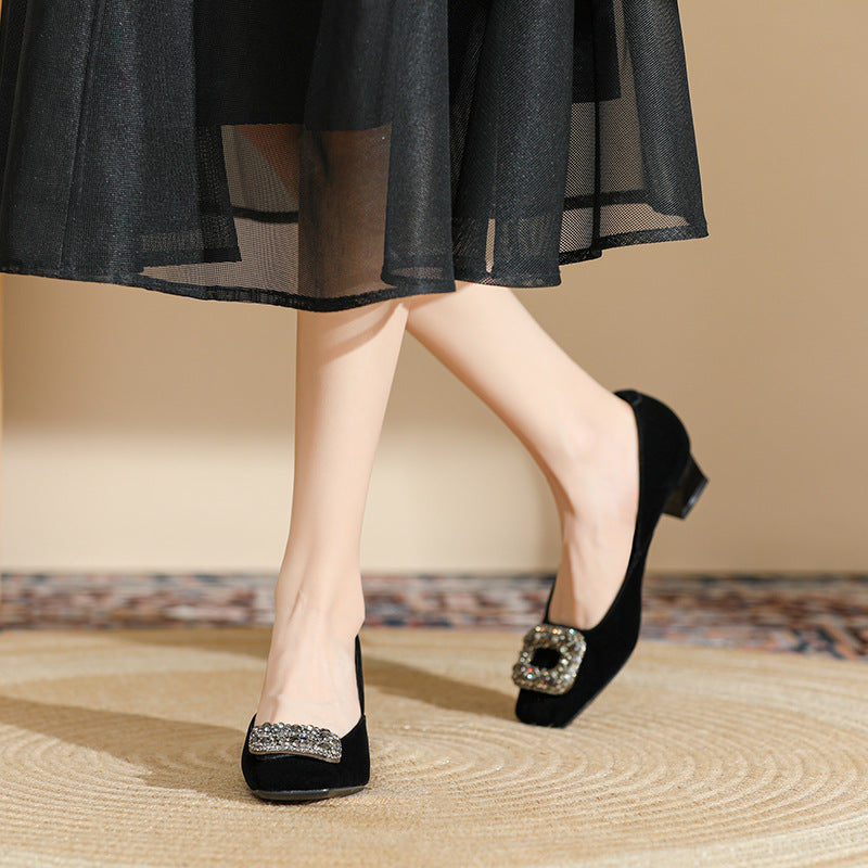 2025 488-5 square head thick heel high heels women's rhinestone square buckle single shoes women's temperament suede medium heel single shoes women