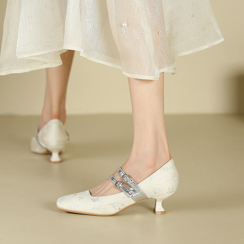 2025 433-1 Satin high heels for women, not tired feet, shallow mouth square head, one-word single shoes, professional commuter work shoes with skirts