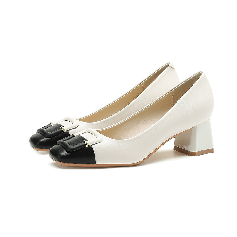 2025 5299-A7 color matching thick heel square buckle shoes women's light mouth middle heel square head single shoes women's wedding shoes dress bridesmaid shoes