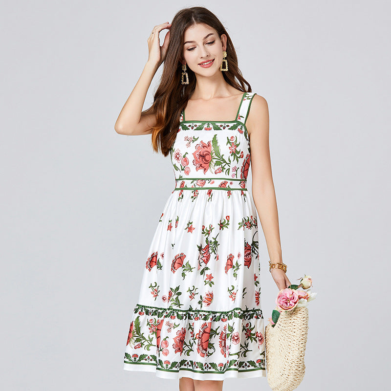 Real shot, summer new product positioning printed slim-fitting suspender dress, high-waisted vest A-shaped skirt