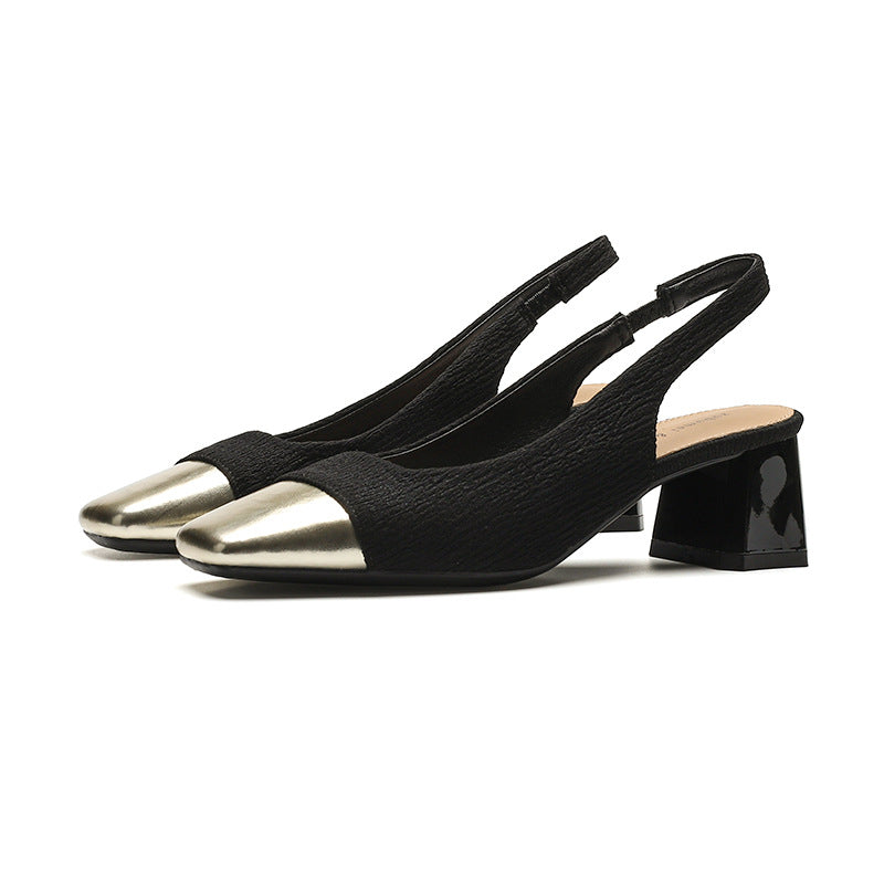 2025 5299-3 Customized bag head rear empty sandals women's medium heel 2025 new summer thick heel small gold head single shoes