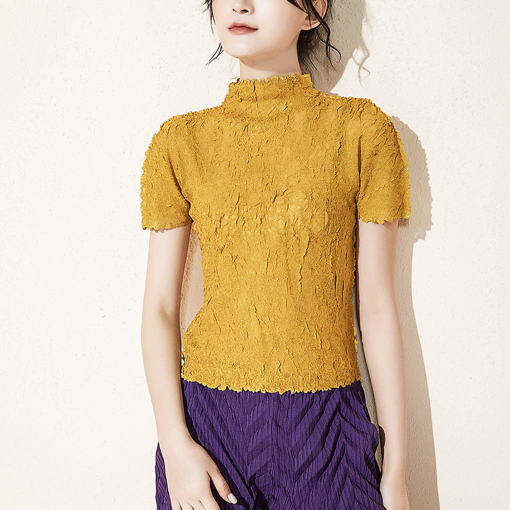 2025 basic hot-selling short-sleeved top women's summer slim-fitting high-end sense fashion temperament semi-turtleneck versatile T-shirt
