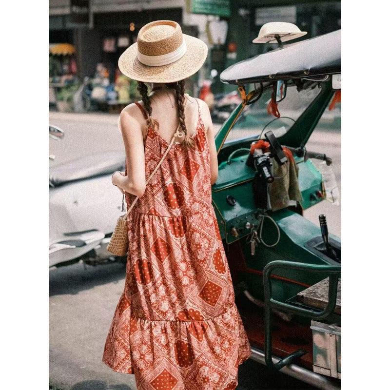 spring and summer new ethnic style dress white holiday style loose suspender skirt bohemian retro dress