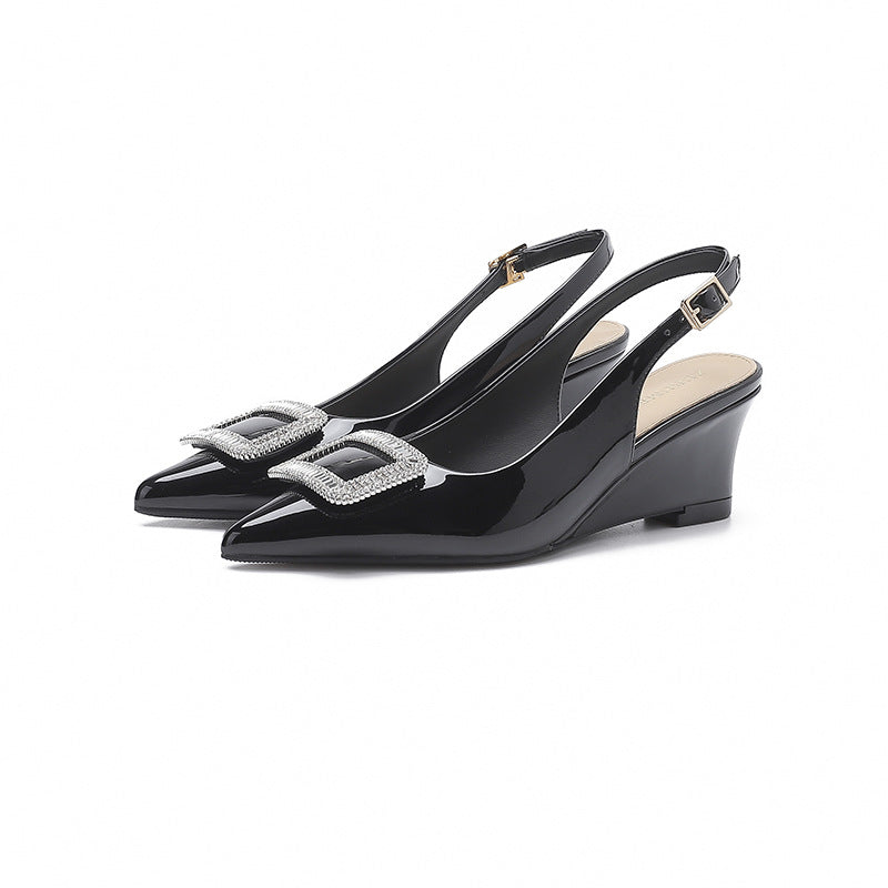 2025 5162-11 Rhinestone square buckle wedge heel high heels women's New Popular trade empty word pointed casual single shoes women