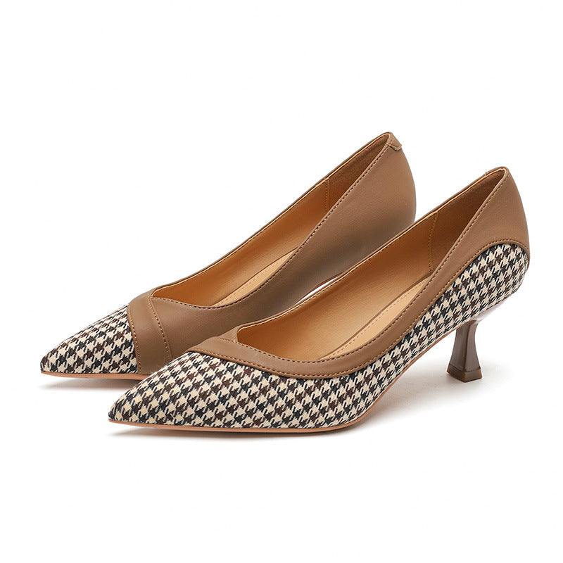 2025 6088-1 retro thousand bird grid color matching single shoes for women 2025 women's autumn new pointed stiletto high heels for women