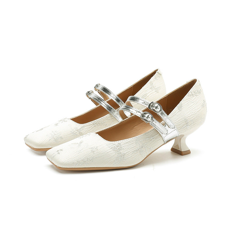 2025 433-1 Satin high heels for women, not tired feet, shallow mouth square head, one-word single shoes, professional commuter work shoes with skirts