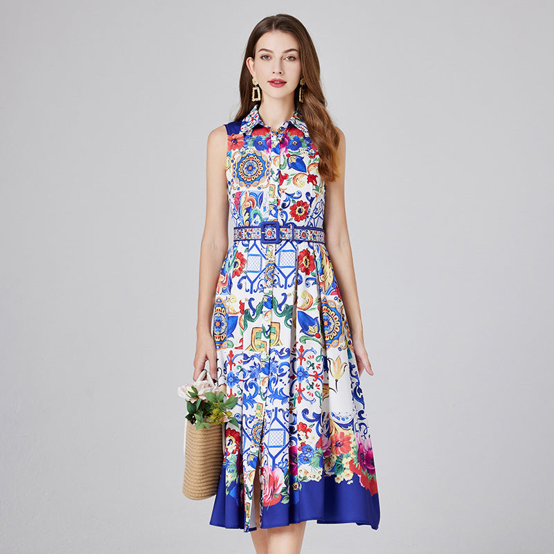 Real shot, summer new blue and white porcelain positioning printed shirt collar single-breasted dress, slim-fitting A-shaped skirt