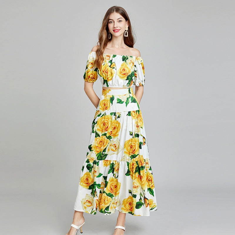 638 new color, one-word collar off-the-shoulder short tube top + high-waisted skirt two-piece set, fashion suit