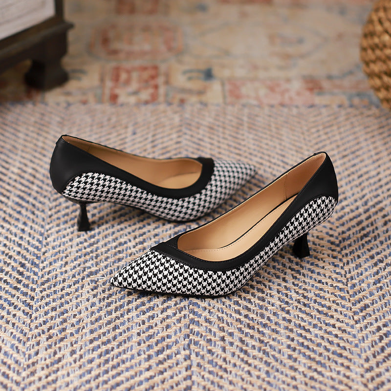 2025 6088-1 retro thousand bird grid color matching single shoes for women 2025 women's autumn new pointed stiletto high heels for women