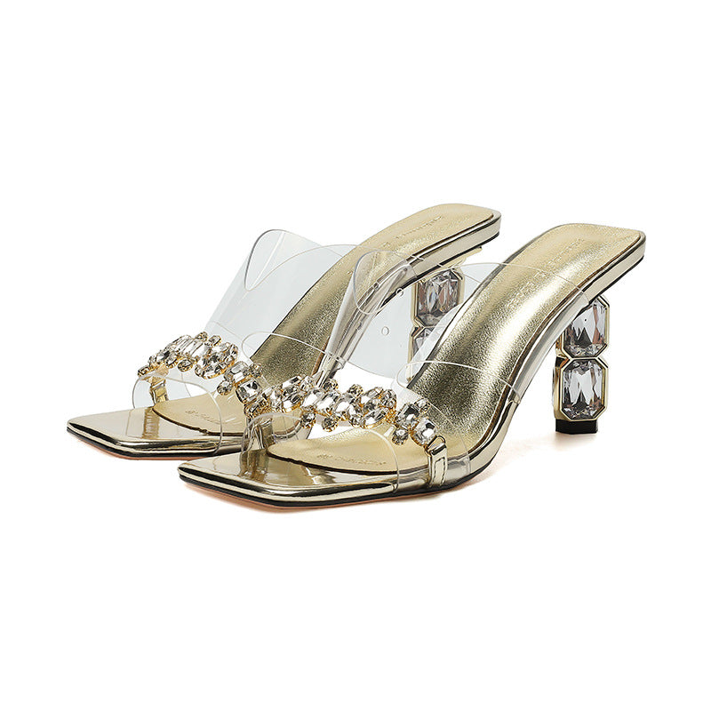 2025 popular-2 summer new transparent word with V-shaped sandals outside wearing temperament sexy square head thick heel high heel sandals