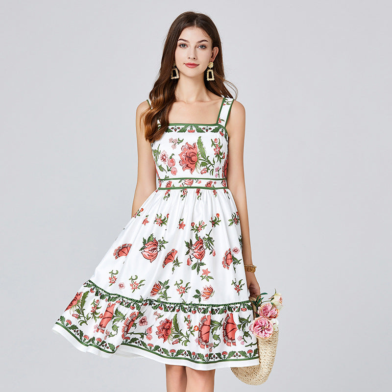 Real shot, summer new product positioning printed slim-fitting suspender dress, high-waisted vest A-shaped skirt