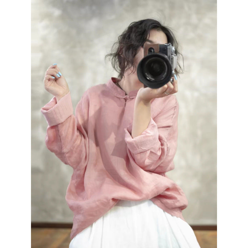 summer new exquisite handmade literary retro disc buckle stand-up collar literary loose long-sleeved solid color shirt women
