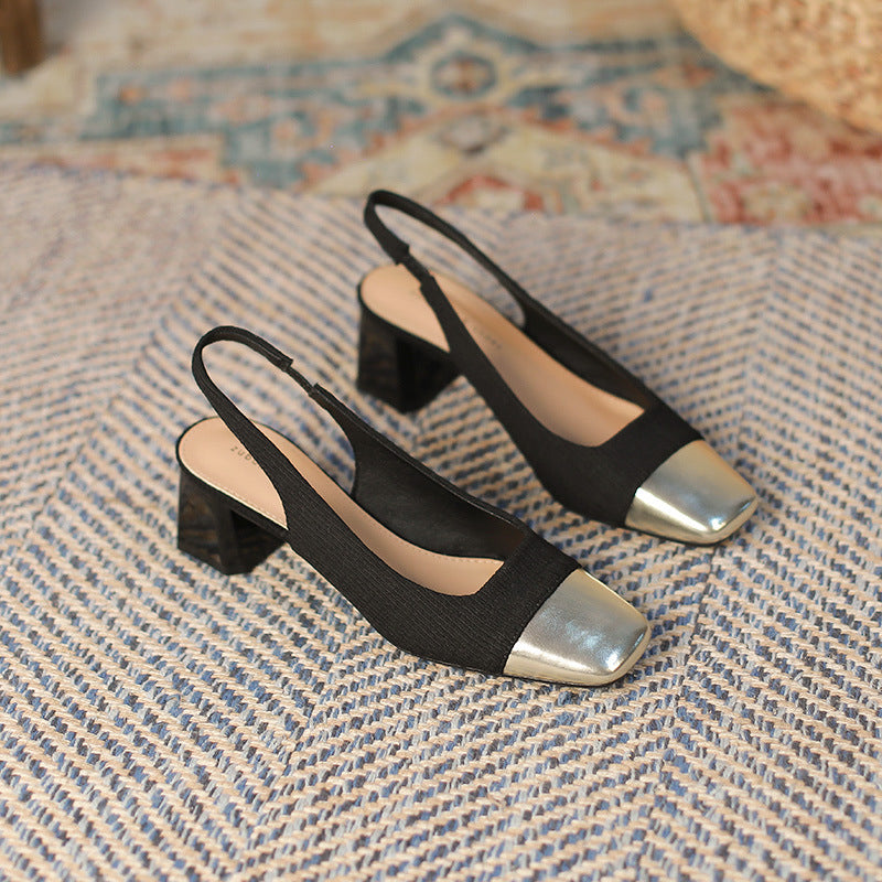 2025 5299-3 Customized bag head rear empty sandals women's medium heel 2025 new summer thick heel small gold head single shoes