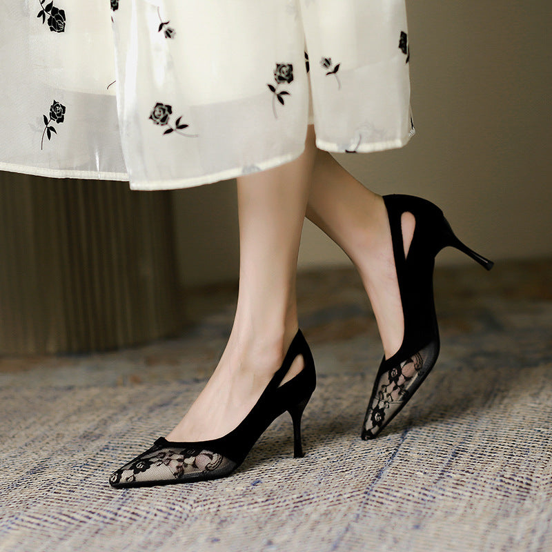 2025 799-1 high-heeled sandals 2025 summer new sexy mesh high heels Korean version pointed stiletto single shoes women