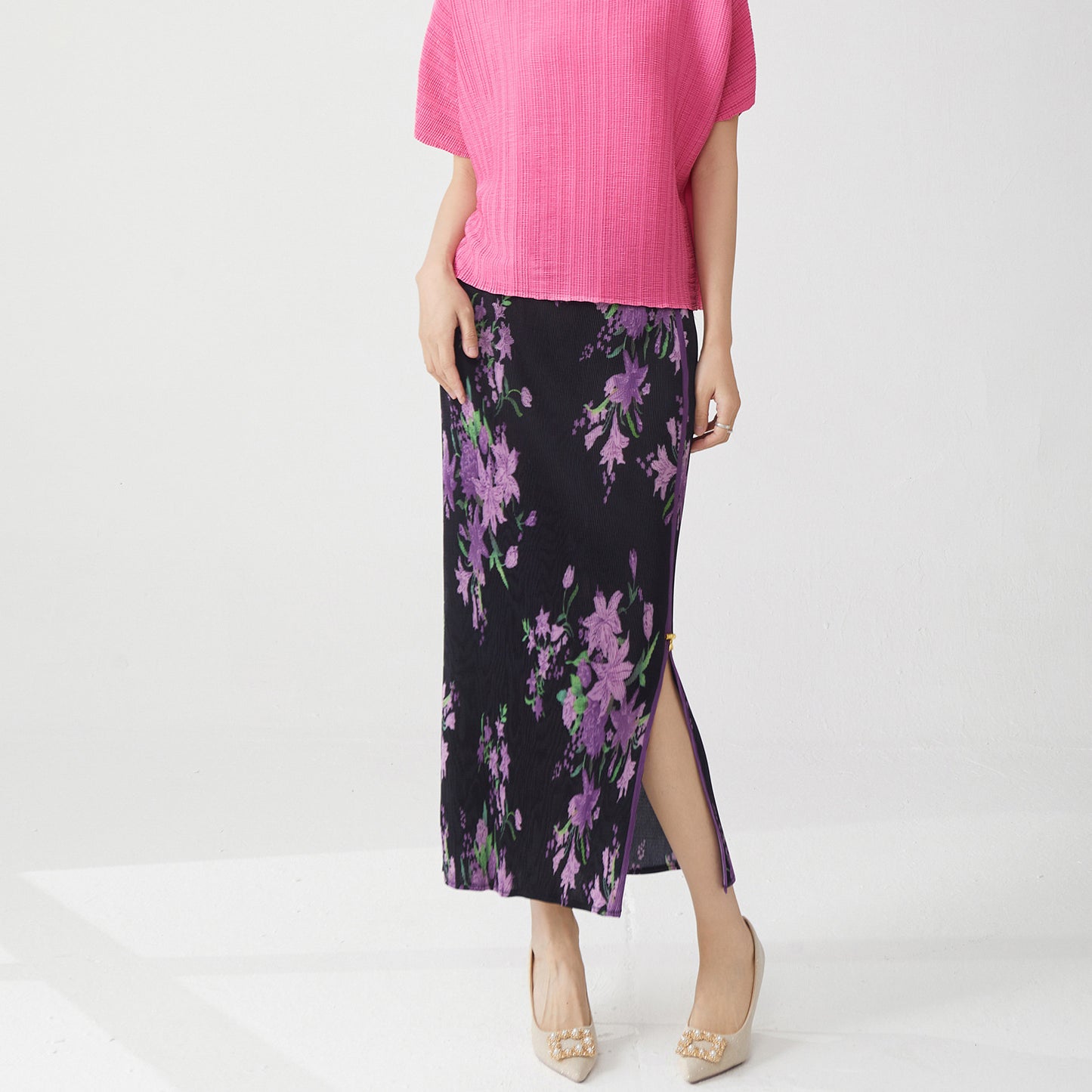 2025 National style retro skirt summer women's medium and long hot-selling printed split-ended temperament elegant high waist pleated hip skirt