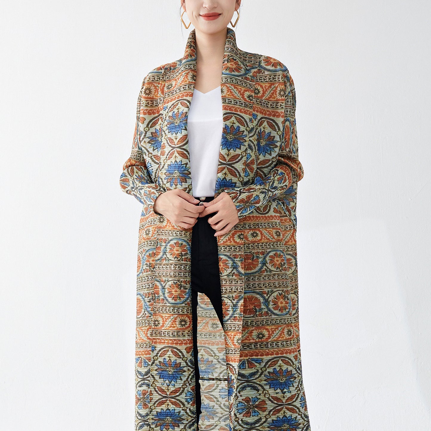 2025 Hot trade robe women's dress women's long dress high sense retro printing ethnic style lapel loose cardigan skirt