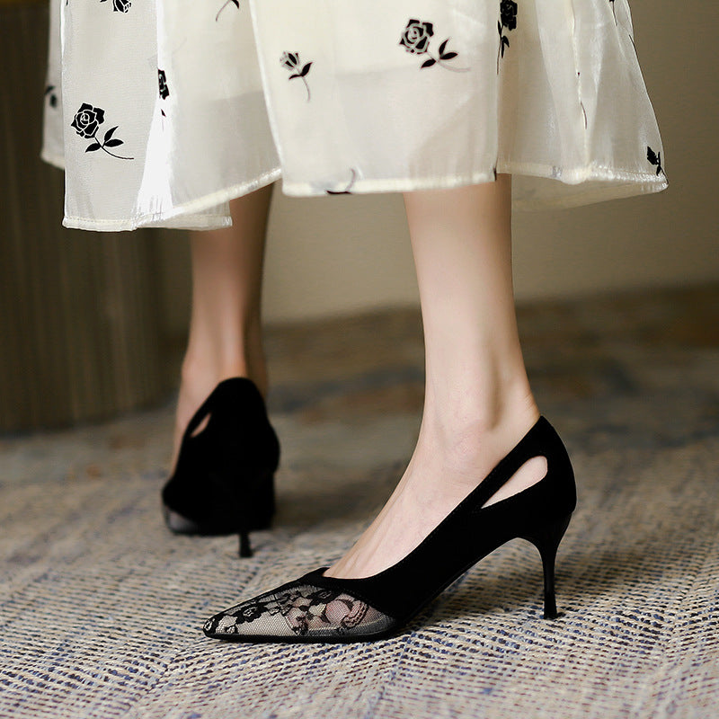 2025 799-1 high-heeled sandals 2025 summer new sexy mesh high heels Korean version pointed stiletto single shoes women