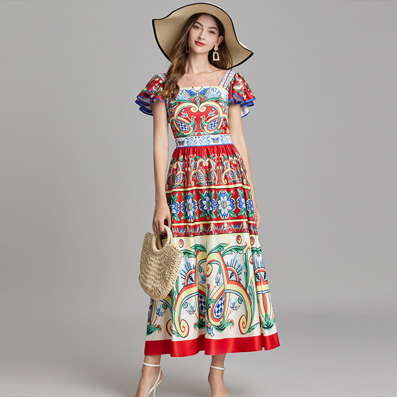Real shot, summer new product positioning printing slim-fitting high-waisted flying sleeve dress, big pendulum A-shaped skirt