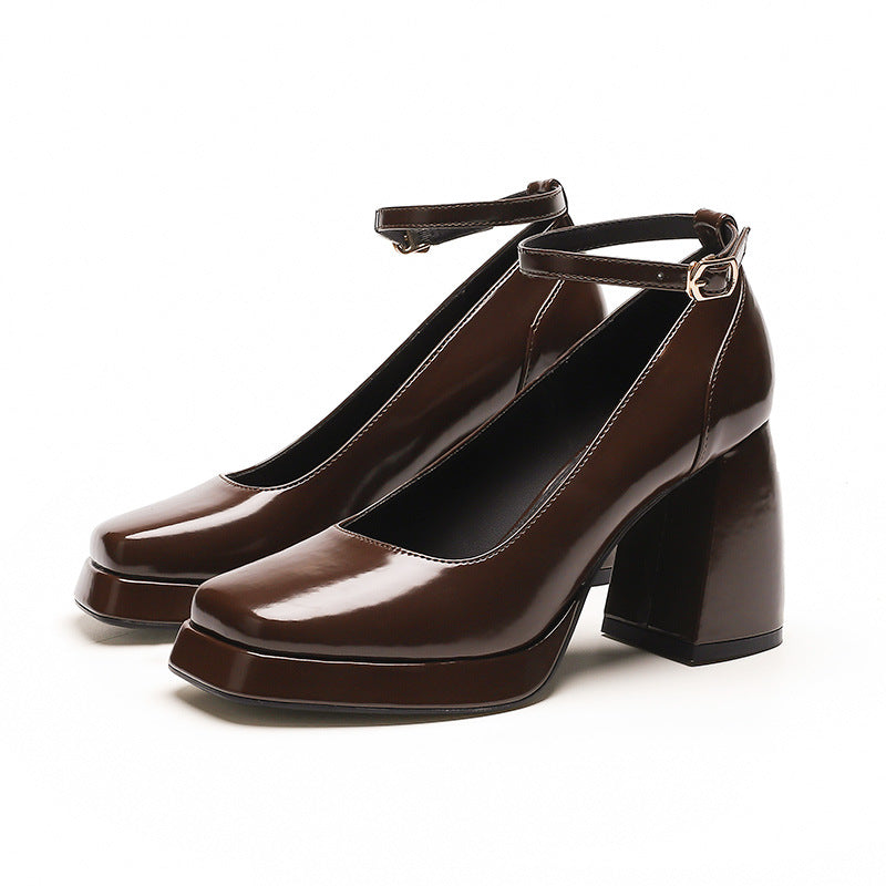 2025 8399-6 Mary Jane shoes 2025 autumn new fashion thick heel one-word buckle with square head waterproof table high heels