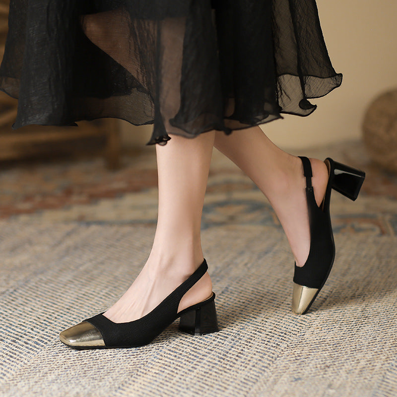 2025 5299-3 Customized bag head rear empty sandals women's medium heel 2025 new summer thick heel small gold head single shoes