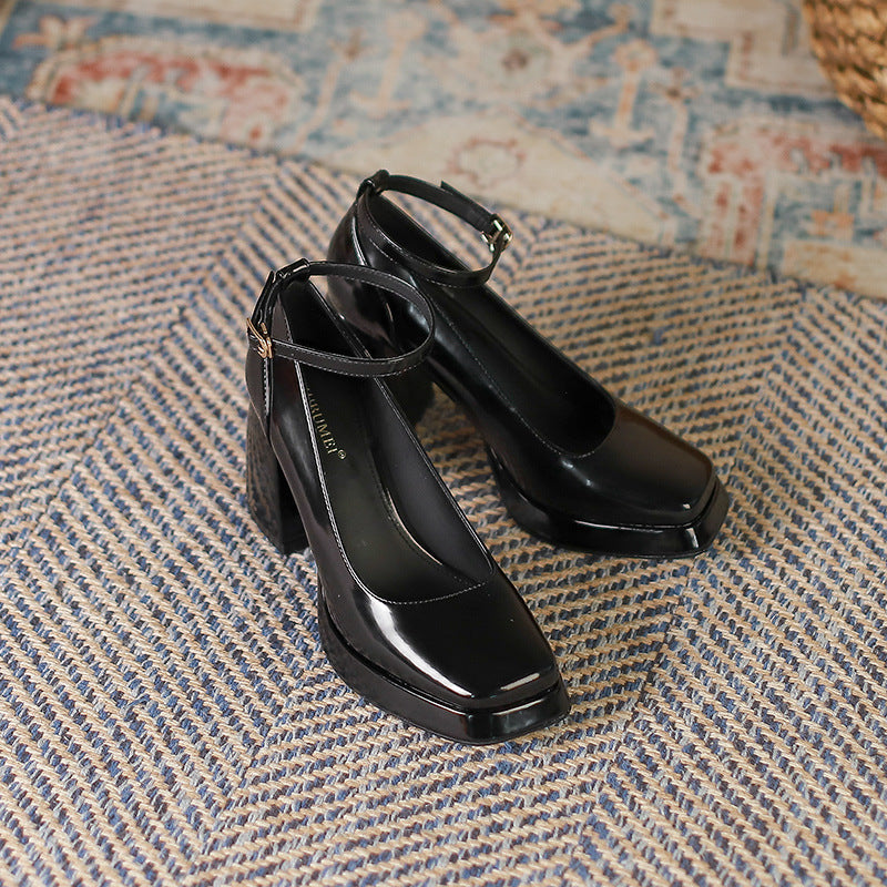 2025 8399-6 Mary Jane shoes 2025 autumn new fashion thick heel one-word buckle with square head waterproof table high heels