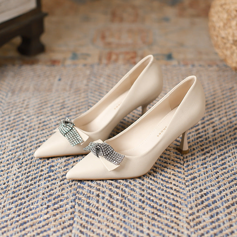 2025 7198-3 Rhinestone bow high heel single shoes women's professional commuter work women's shoes pointed stiletto high heels women