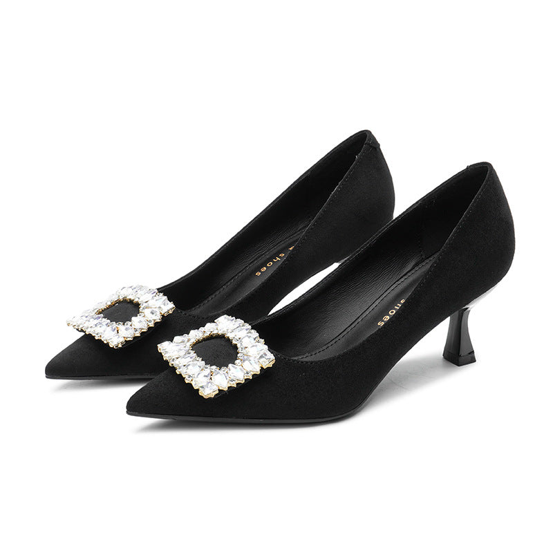 2025 6088-2 Korean version of rhinestone square buckle high-heeled single shoes 2025 women's autumn new pointed stiletto suede high-heeled shoes