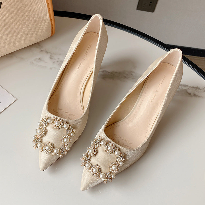 2025 SX775-18 high heels 2025 new pointed thin heels high heels wedding shoes women's rhinestone square buckle Xiuhe shoes