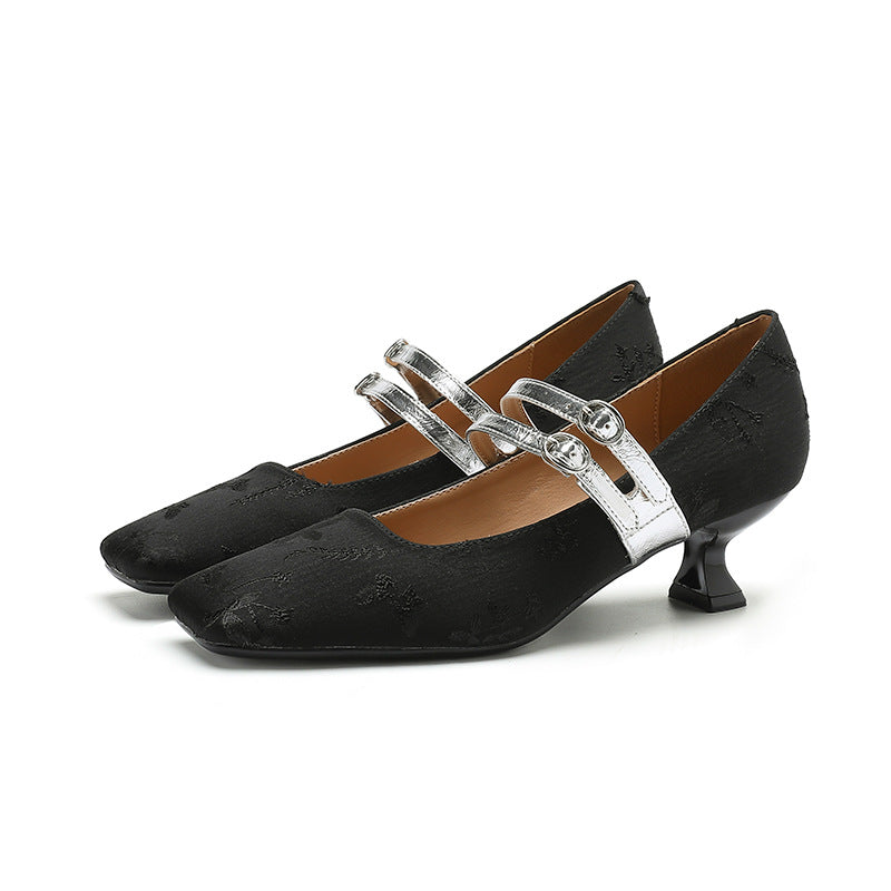 2025 433-1 Satin high heels for women, not tired feet, shallow mouth square head, one-word single shoes, professional commuter work shoes with skirts