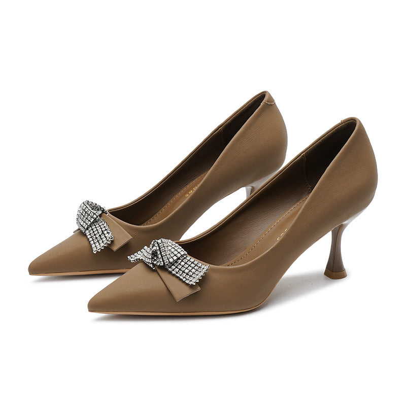 2025 7198-3 Rhinestone bow high heel single shoes women's professional commuter work women's shoes pointed stiletto high heels women