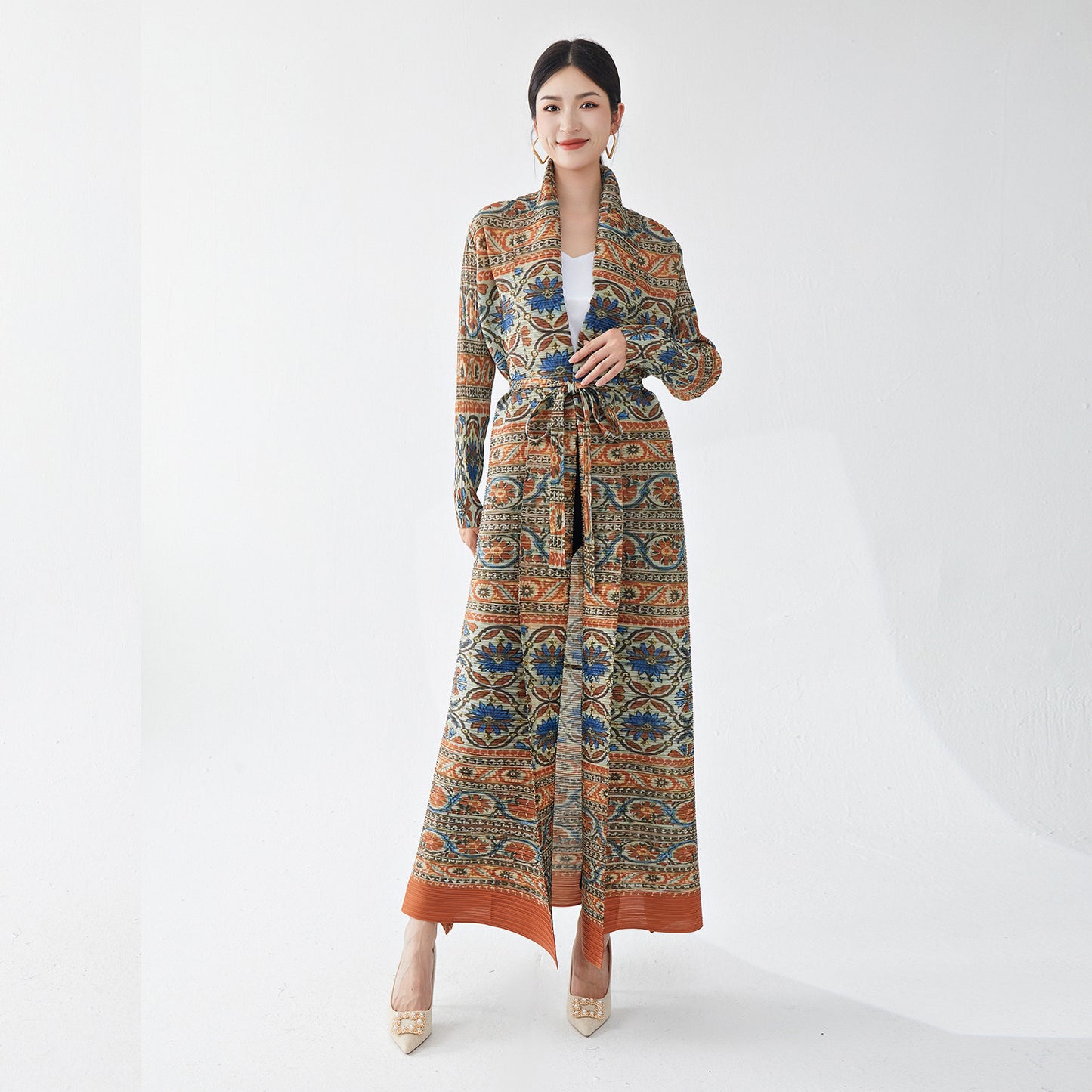 2025 Hot trade robe women's dress women's long dress high sense retro printing ethnic style lapel loose cardigan skirt