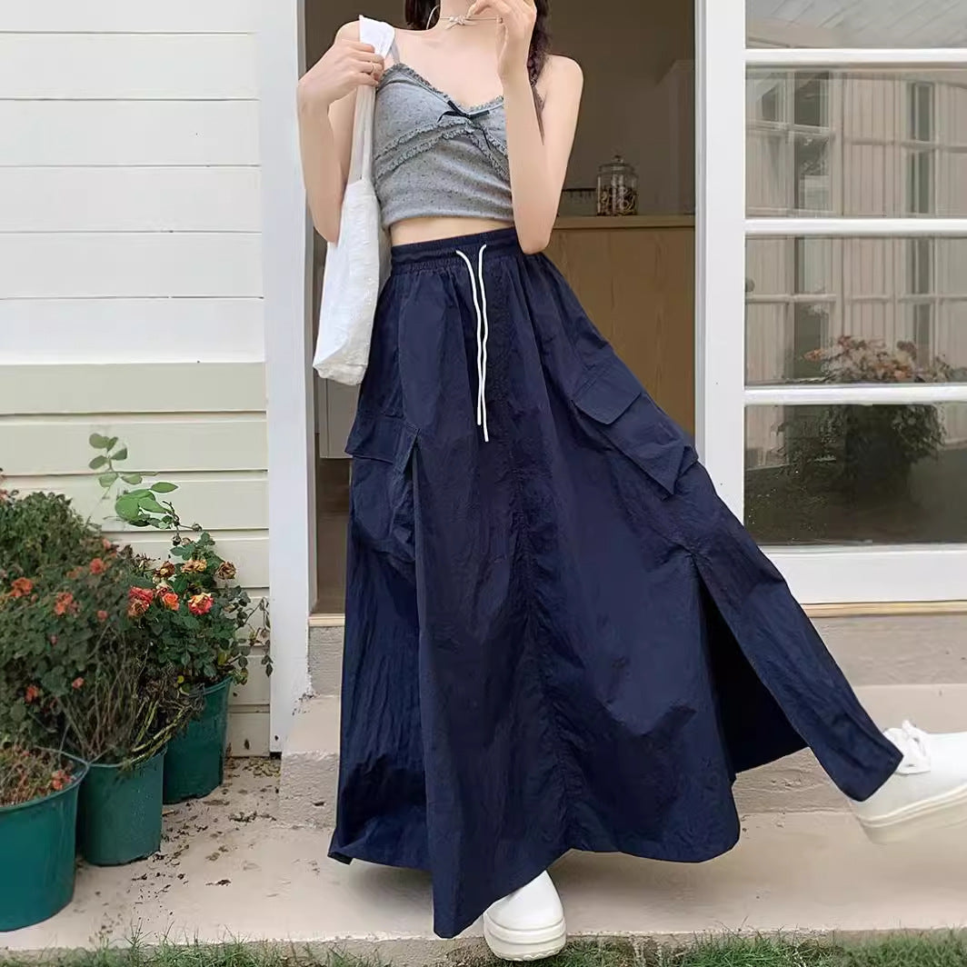 vmtvr 90s fashion 2024 Gentle Style Blue Drawstring Skirt Women's Early Autumn Lazy Slimming A- line Skirt Long Skirt