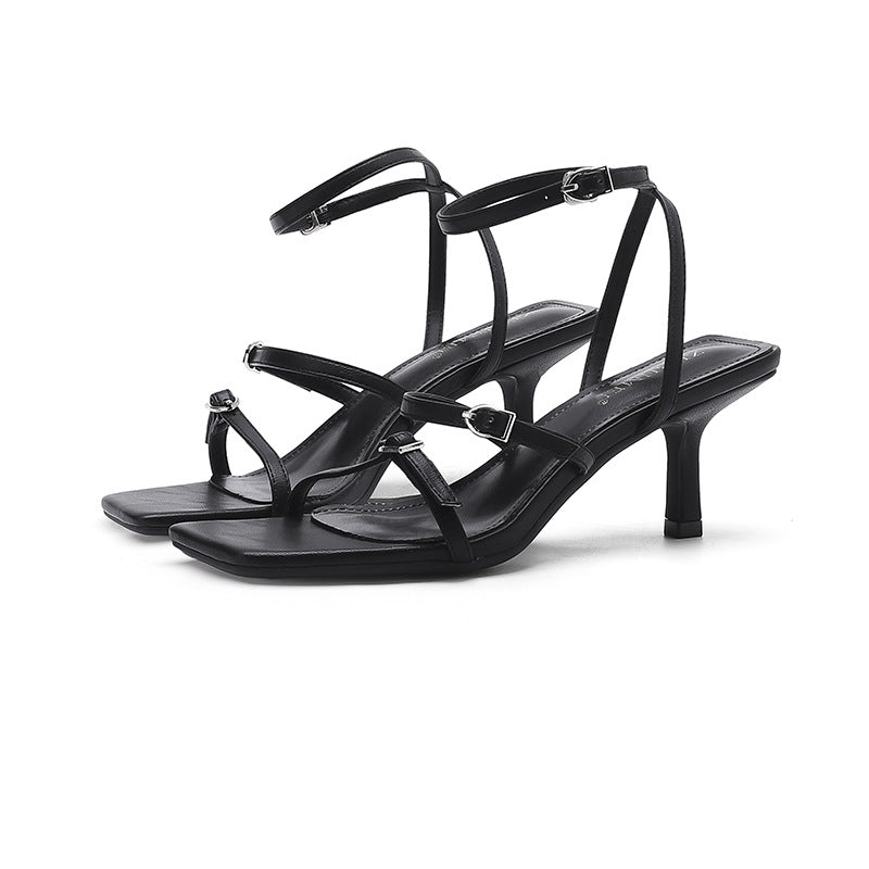 2025 SX-V10 one-word open-toed square head thin heel high-heeled sandals women's 2025 women's summer new sexy high-heeled cool slippers