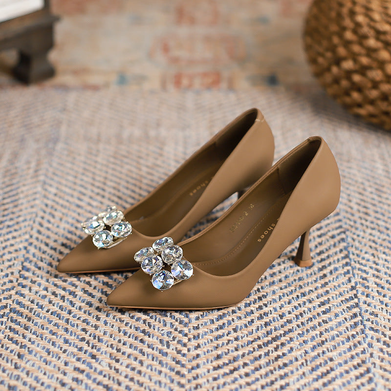 2025 7198-2 Rhinestone high heels for women's thin heels 2025 women's spring and summer casual fashion pointed single shoes, one piece for delivery