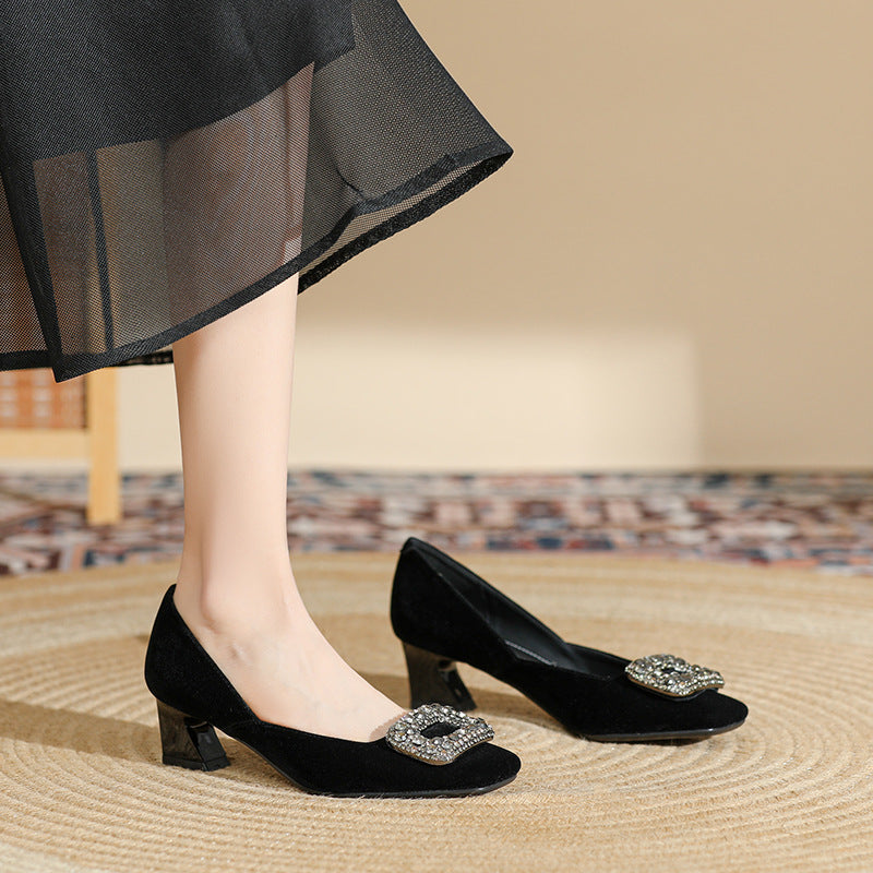 2025 488-5 square head thick heel high heels women's rhinestone square buckle single shoes women's temperament suede medium heel single shoes women