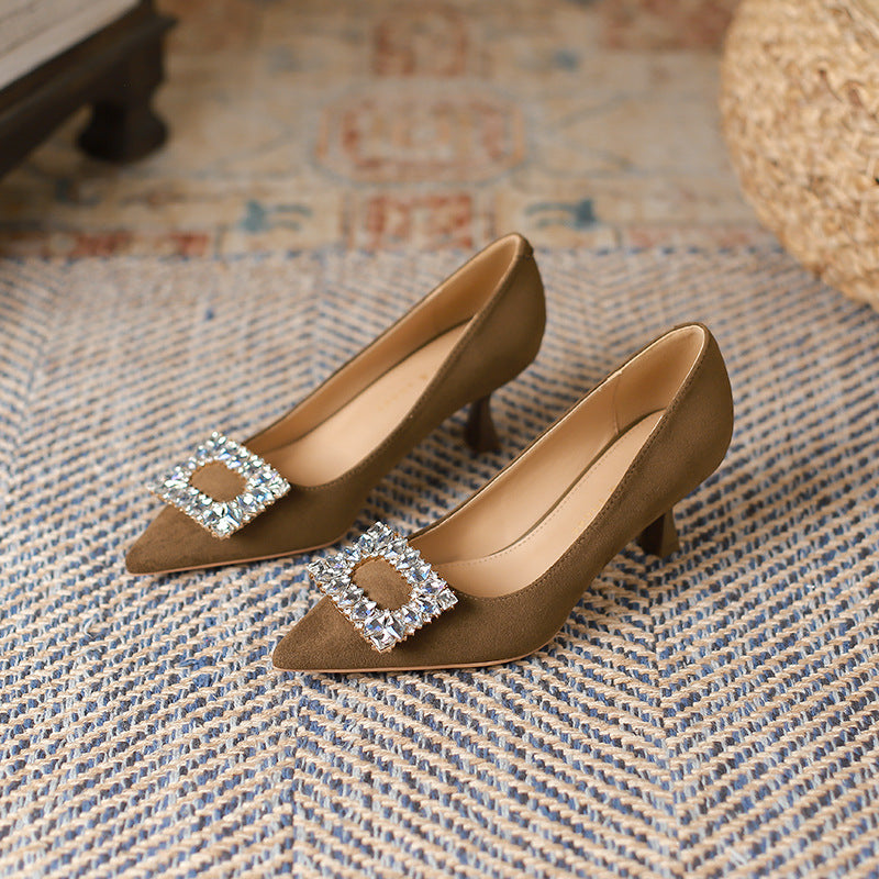 2025 6088-2 Korean version of rhinestone square buckle high-heeled single shoes 2025 women's autumn new pointed stiletto suede high-heeled shoes