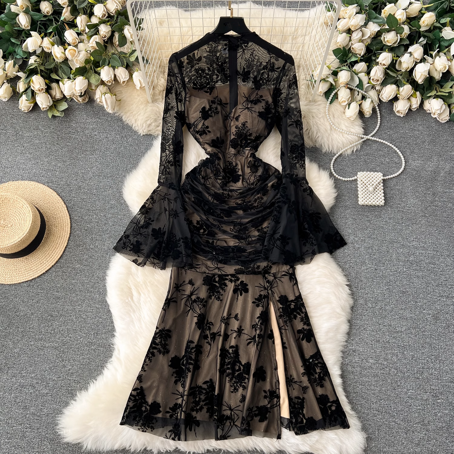- Sexy see-through mesh trumpet sleeve retro printed slit mermaid dress GEU1125