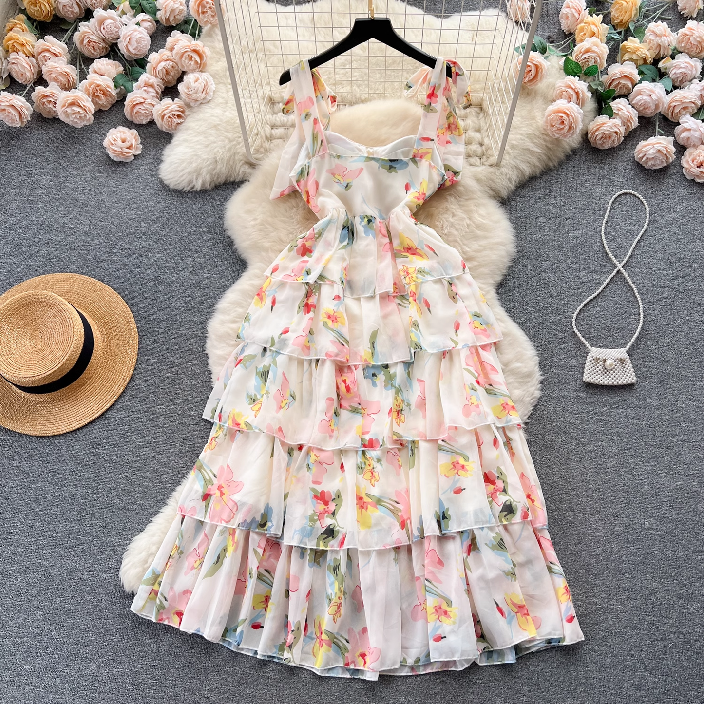 - Women's suspender floral dress summer chiffon dress GEU506