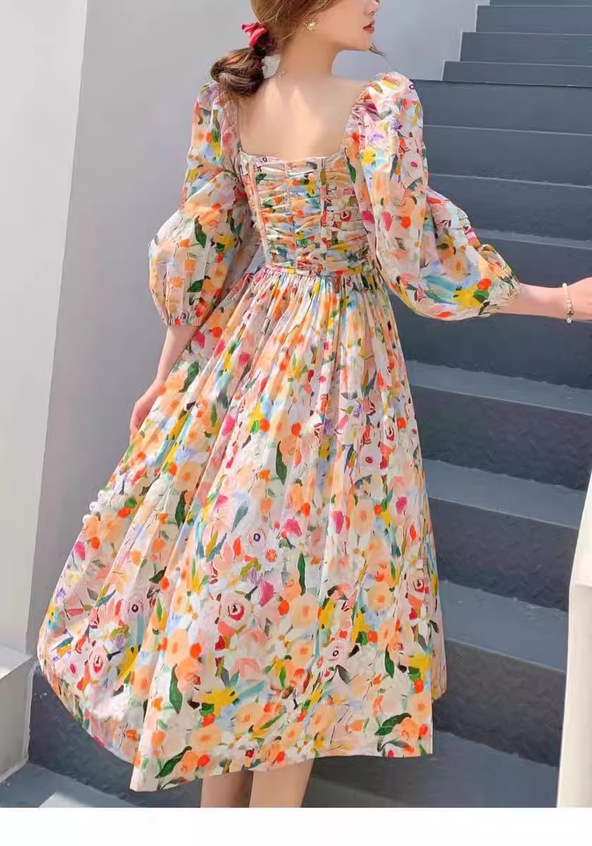 - Retro Chic Floral Puff Sleeve Dress for Women Summer GEU1133