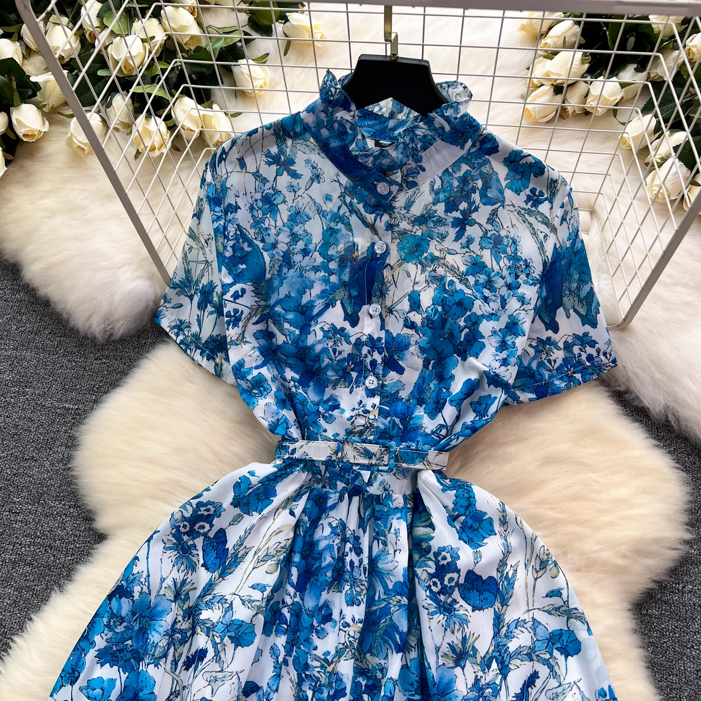 - Summer new retro elegant fashionable printed short-sleeved long dress GEU1117
