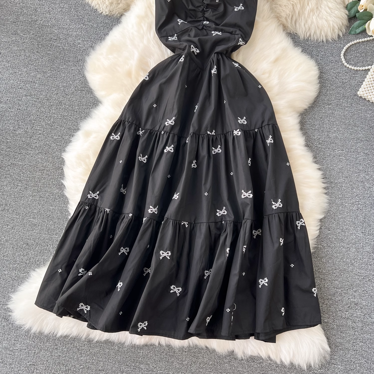 - Embroidered bow tie mid-length resort style suspender dress GEU1203