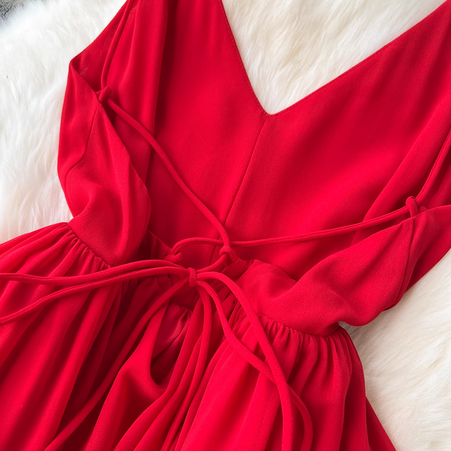 - Red V-neck suspender chiffon long dress GEU1197