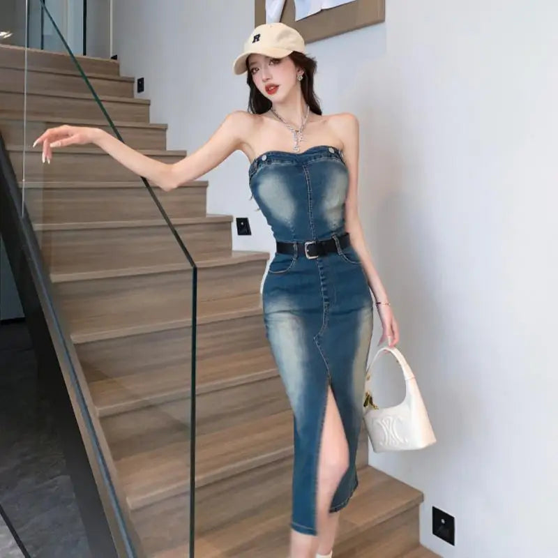 vmtvr Sleeveless Women Denim Suspender Dress Summer New Midi Blue Korean Fashion Strapless Streetwear Female Off Shoulder Slit Dresses