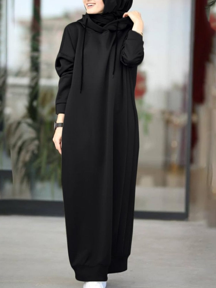 Women Muslim Dress Sweatshirt Dress Stylish Hoodies Long Sleeve Maxi Dress Female Casual Solid Hooded Vestidos Robe