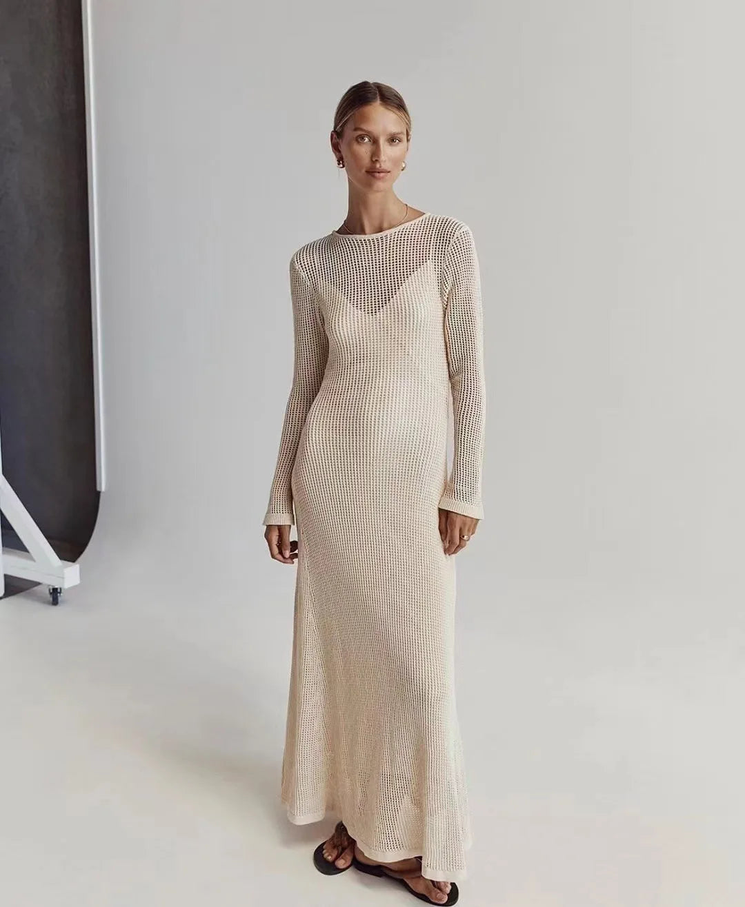 vmtvr Elegant Hollow Out Knit Maxi Dress for Women Summer Beachwear Holiday Long Sleeve Cover-Ups Long Dresses