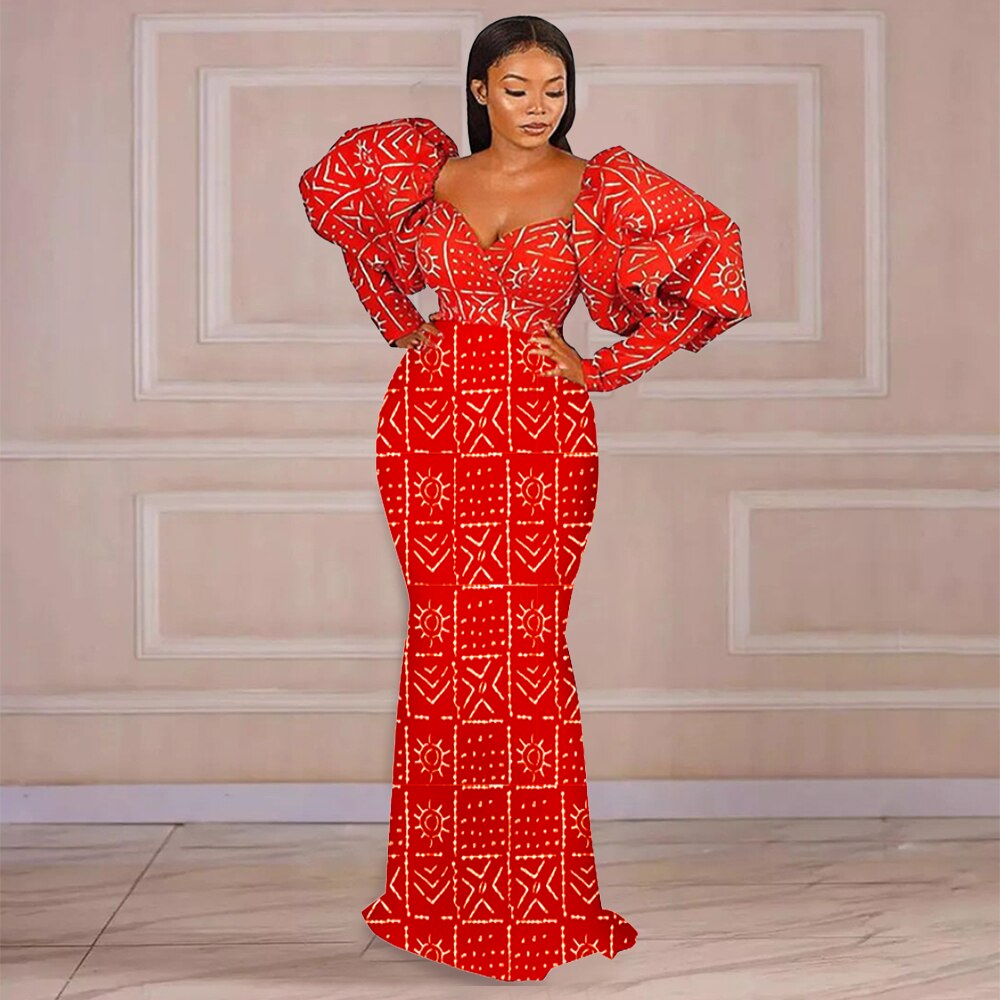 Maxi Long Dress Women Party Printed Mermaid Long Lantern Sleeve Vintage Retro Large Size African Event Celebrate Gown New